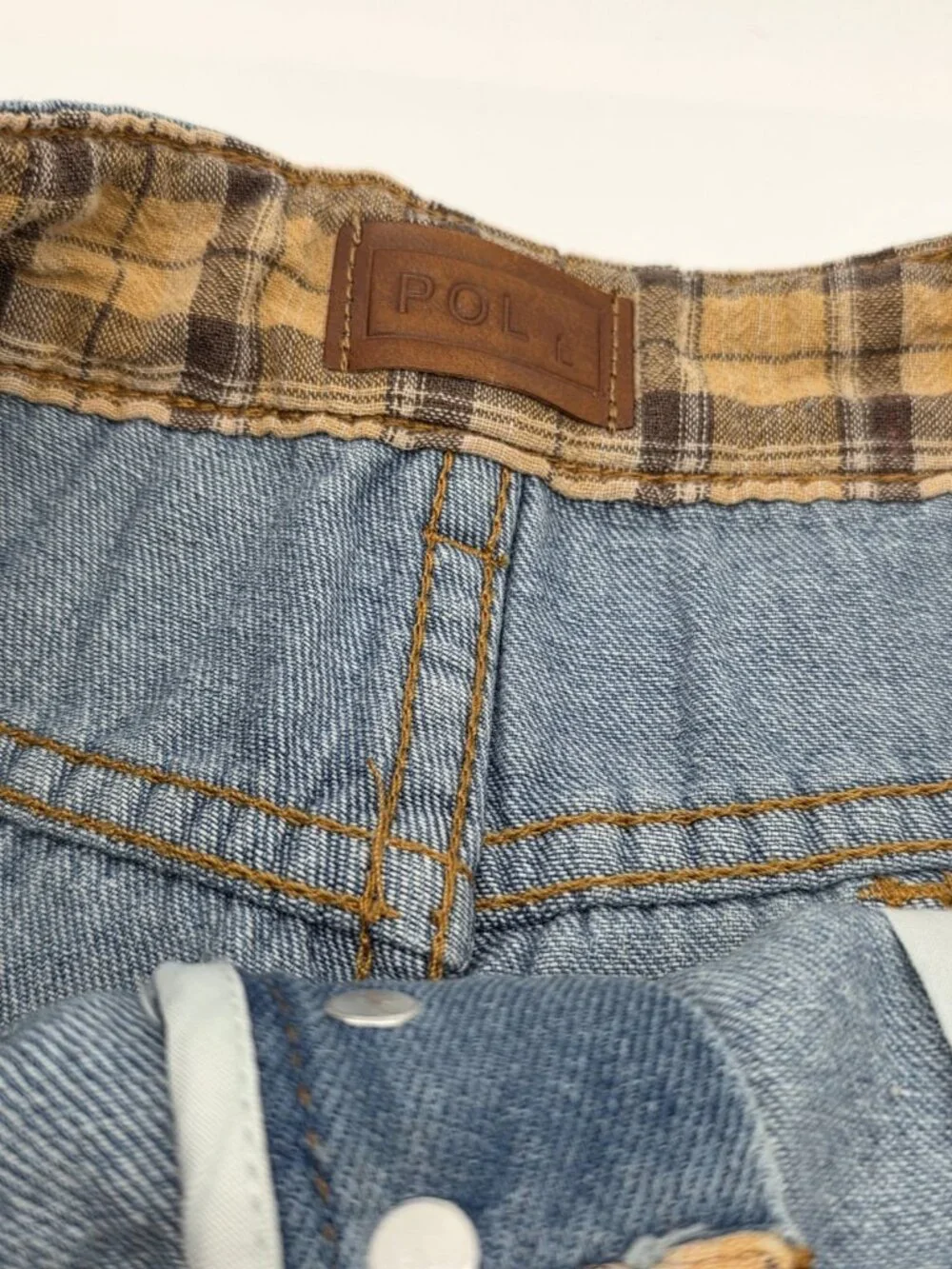 POL Womens Jean Shorts Size Large Patchwork Cut Off Button Fly Distressed Denim